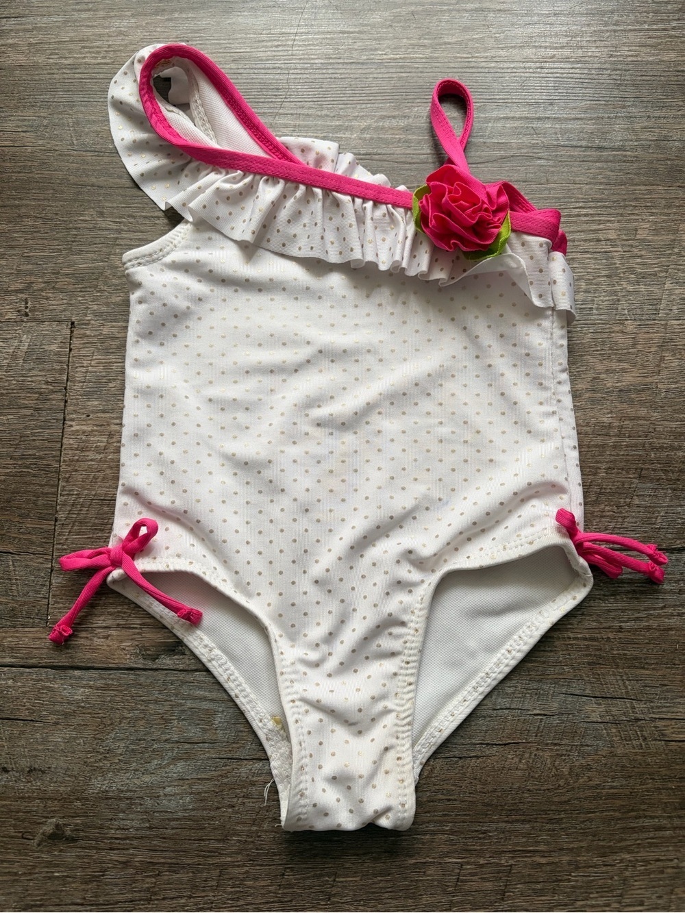 Penelope Mack White Swimsuit with Pink Trim & Flower